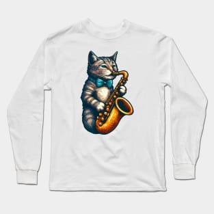 tabby cat playing saxophone Long Sleeve T-Shirt